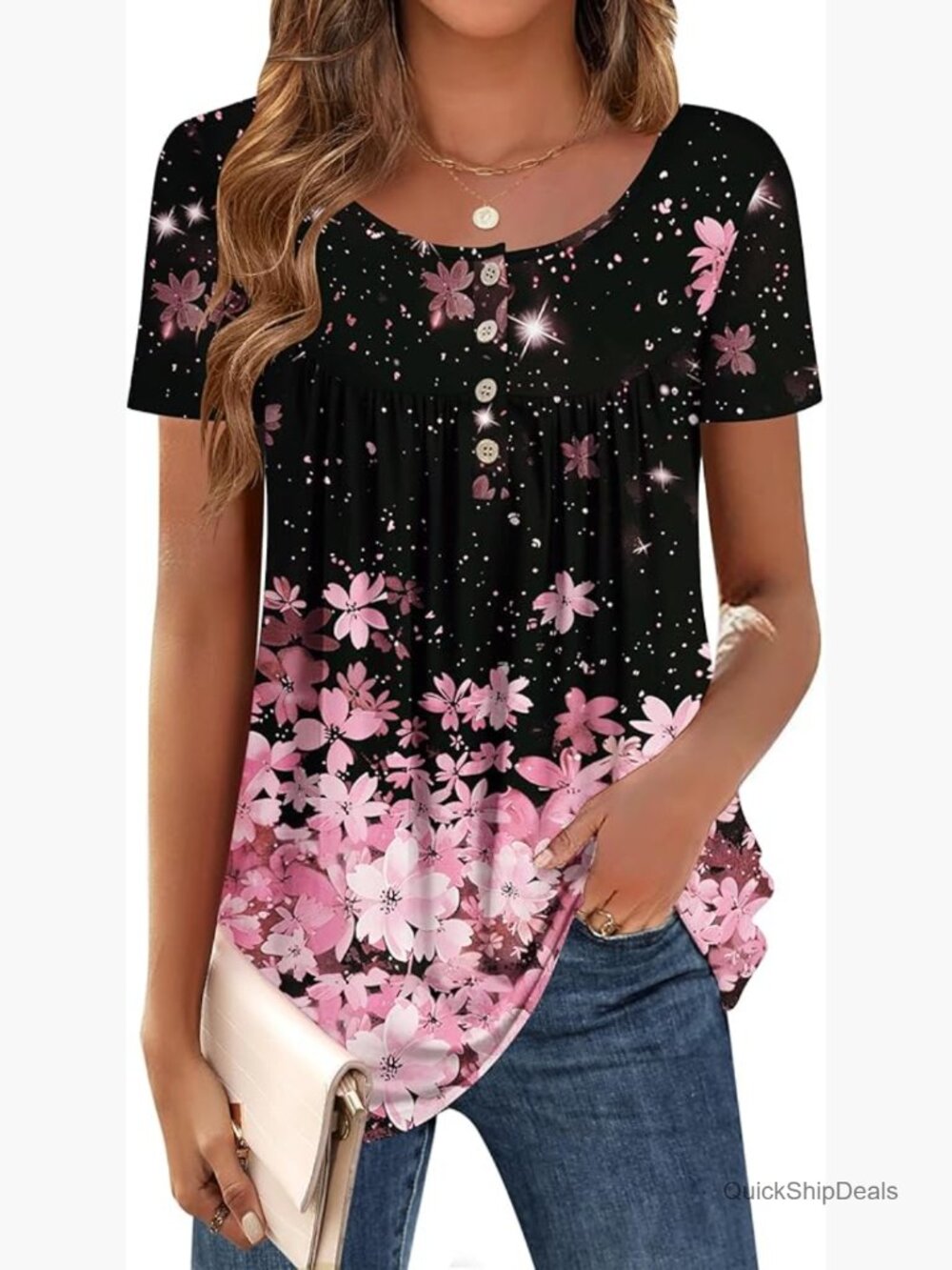 Polyester Spandex Blend Tunic Top Floral Print Loose Fit Boho